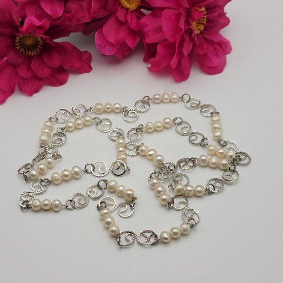 Estate Jewelry - White Baroque Pearls Silver Tone Swirl Link Chain Necklace 38 In Long Continuous